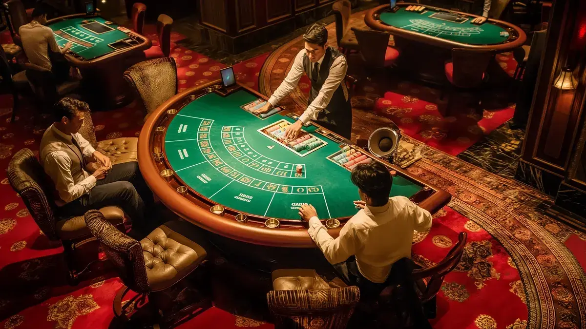 A casino scene with players and a dealer at a baccarat table with green felt. The dealer, wearing a vest and tie, is managing the chips and cards on the table. Two players are seated, dressed in formal attire, focused on the game. The casino features plush red carpeting with intricate patterns, comfortable seating, and a warm, elegant atmosphere with dim lighting