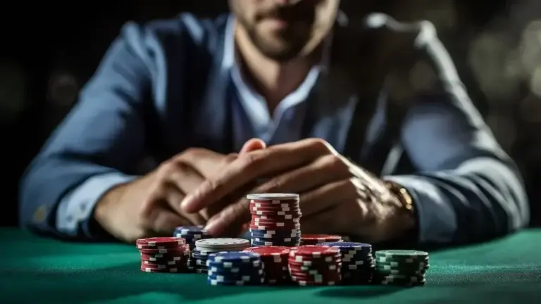 A close-up image of a person in a suit playing poker. The focus is on their hands and a stack of poker chips on a green table. The person is arranging or stacking the chips, which are red, blue, and white, while the background is blurred, keeping the attention on the poker chips and the player's hands.