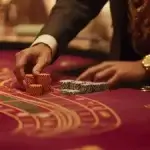 Close-up of a baccarat dealer organizing poker chips in neat piles of red and black chips on a maroon tablecloth. The dealer is dressed in a formal suit, indicating a professional setting inside a luxurious casino.