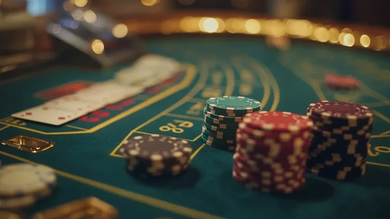 Chips and Cards on a Casino Table This close-up image shows stacks of multicolored poker chips, including red, purple, and green, on a green felt casino table. Next to the chips is a spread of playing cards. The blurred background and golden lighting evoke an atmosphere of high-stakes gaming in an upscale casino setting.
