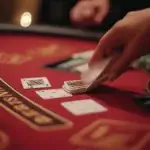 A close-up of a blackjack table with a dealer dealing face-up cards. The table is red with golden text and symbols. A player's hand can be seen reaching for the cards, and there are stacks of poker chips nearby. The atmosphere is focused and intense, suggesting a high-stakes game.