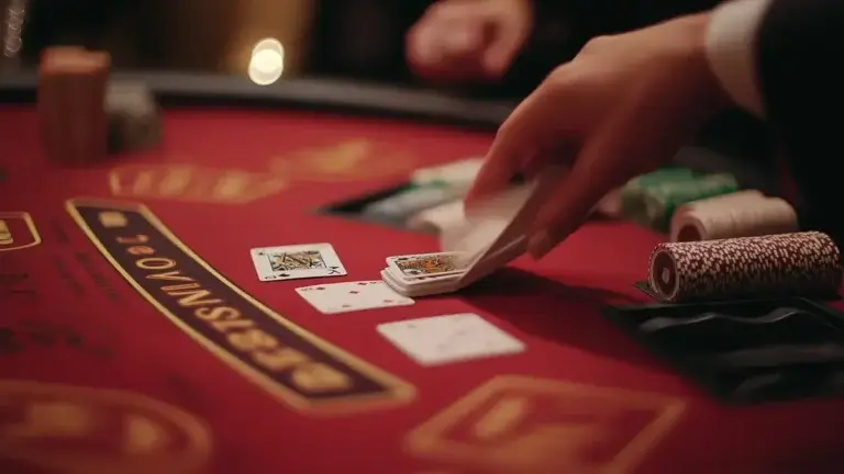 A close-up of a blackjack table with a dealer dealing face-up cards. The table is red with golden text and symbols. A player's hand can be seen reaching for the cards, and there are stacks of poker chips nearby. The atmosphere is focused and intense, suggesting a high-stakes game.