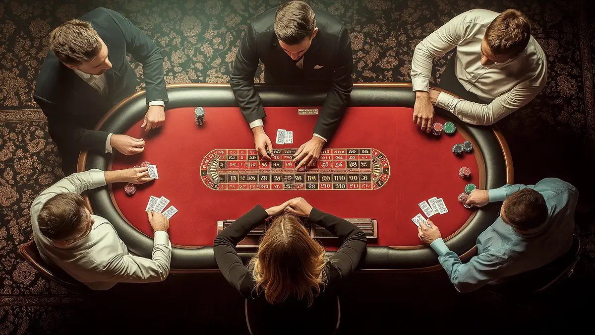This image shows a top-down view of a blackjack table with several players and a dealer. The players appear to be engaged in a round of blackjack, each holding cards and chips. The dealer is likely dealing cards or overseeing the game. This perspective allows for a clear view of the game layout, including the betting spots and the distribution of cards to each player.
