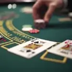 The image shows a close-up of a blackjack table with two face-up cards—a King of Spades and a King of Hearts—indicating a strong hand in the game. A player's hand is seen placing a stack of poker chips on the betting area, showing active participation in the round. The green felt surface of the table is marked with gold and red text, indicating various betting instructions and areas. Several poker chips of different denominations are also visible on the table. The background is softly blurred, keeping the focus on the cards and chips. The scene captures the tension and excitement of a blackjack game in progress.