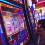What Does Volatility Mean in Slots? A vibrant close-up of a slot machine in a casino, displaying symbols like the classic BAR and the number 7. The screen is lit with neon colors, and a person’s hand is visible, preparing to pull the lever or press a button. The casino environment in the background features rows of slot machines glowing under dim lights, creating a lively, colorful atmosphere.