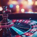 A brightly lit roulette wheel with a polished metallic spinner in the center. The wheel features a vivid red and black color scheme, with the background blurred into soft, colorful bokeh lights, creating a lively casino atmosphere.