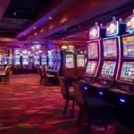 A spacious casino interior with rows of brightly lit slot machines stretching into the distance. The machines have colorful neon lights, and the casino floor is covered with a patterned red carpet. The lighting is low and moody, with a warm ambiance, giving the room a lively yet relaxed vibe. Empty chairs sit in front of the machines, waiting for players.