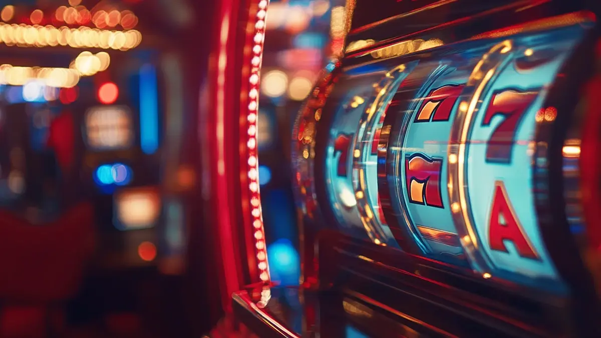 A golden slot machine with three spinning reels, all showing the "7" symbol and the "BAR" icon. The machine has a bright orange background, and the lever is topped with a glowing red ball, emphasizing the anticipation of a jackpot. The image has a sleek, premium look, highlighting the machine’s elegant design.