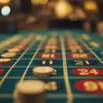 A focused shot of a roulette betting table showing red and black numbered squares, with poker chips placed on various numbers. The depth of field emphasizes the chips and numbers, while the background fades softly, capturing the strategic nature of the game.