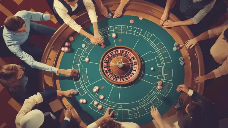 A top-down view of a roulette table with several players placing their bets. The roulette wheel is at the center, and various chips are spread out on the betting areas. Players' hands are seen reaching towards the table, adjusting their bets. The setting has a sophisticated and engaged atmosphere, with the focus on the interaction between the players and the game. The image captures the intensity and excitement of a live casino game.