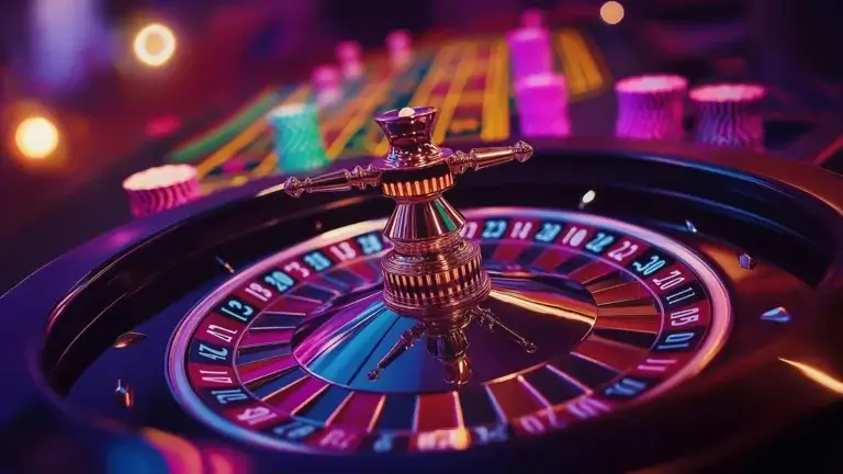 The image shows a vibrant and colorful roulette wheel in the foreground, with the central spinning mechanism prominently displayed. The numbered pockets around the wheel are highlighted by a dynamic mix of neon lights in shades of purple, blue, and pink, creating a lively and energetic atmosphere. In the background, stacks of poker chips are visible, also illuminated by the colorful lighting, adding to the festive ambiance of the casino scene. The overall composition conveys a sense of excitement and high energy, typical of a thrilling night at the casino.