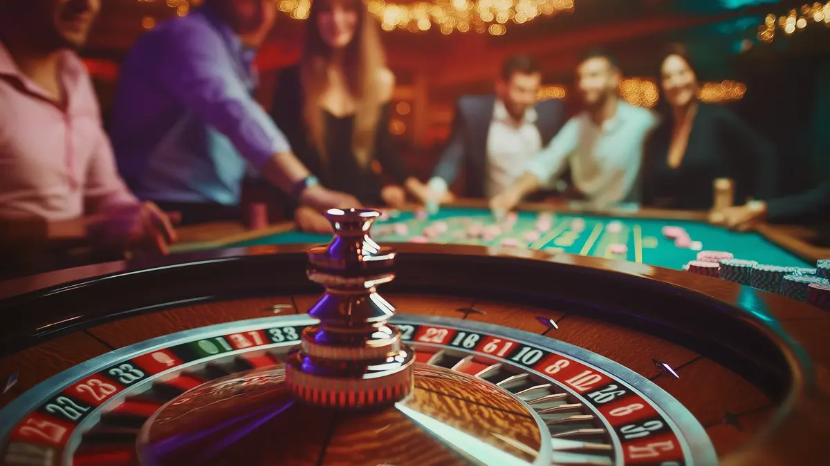 The image captures a lively scene at a casino, with a roulette wheel prominently displayed in the foreground. The wheel is shown in sharp detail, with its red, black, and green numbered pockets clearly visible. In the background, a group of players, dressed in casual and semi-formal attire, are gathered around the table, smiling and engaging with the game. The warm, colorful lighting and festive atmosphere, highlighted by the blurred twinkle of lights, create a vibrant and energetic setting, emphasizing the excitement and social interaction that comes with gambling. The scene is filled with a sense of anticipation and camaraderie among the players.