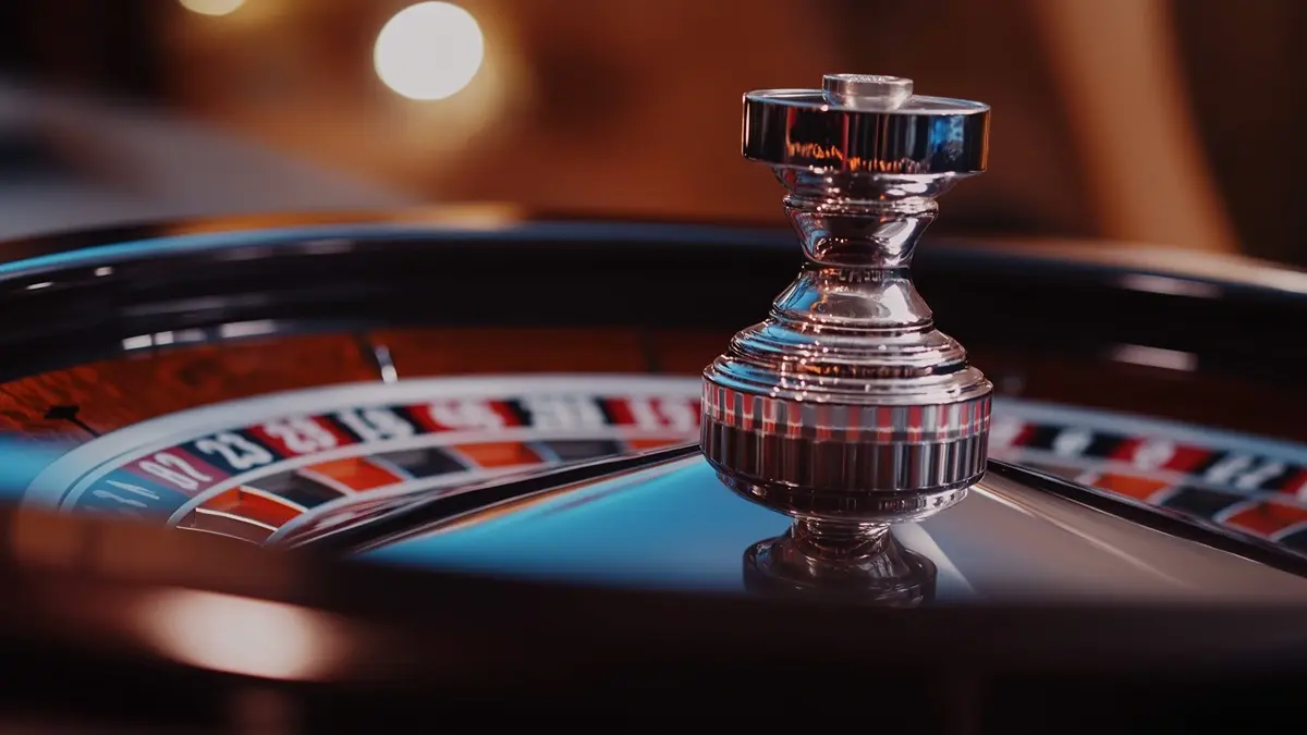 A close-up of a roulette wheel showing a polished silver spindle at the center, with red and black numbered slots visible in the background. The lighting reflects off the shiny surfaces of the wheel, adding a sense of luxury to the scene. A player's hand can be seen in the background, out of focus, preparing to place a bet or spin the wheel.