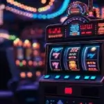 The image depicts a brightly lit slot machine in a vibrant casino setting. The slot machine is showing a winning combination with three symbols of "7" and "BAR" on the reels. The machine's display is illuminated with colorful lights, and the background features other slot machines and glowing decorations, adding to the lively and energetic atmosphere typical of a casino. The scene captures the excitement of hitting a jackpot.