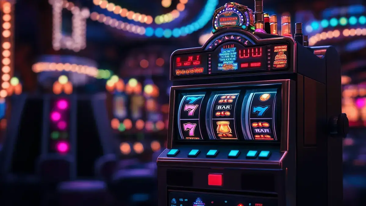 The image depicts a brightly lit slot machine in a vibrant casino setting. The slot machine is showing a winning combination with three symbols of "7" and "BAR" on the reels. The machine's display is illuminated with colorful lights, and the background features other slot machines and glowing decorations, adding to the lively and energetic atmosphere typical of a casino. The scene captures the excitement of hitting a jackpot.