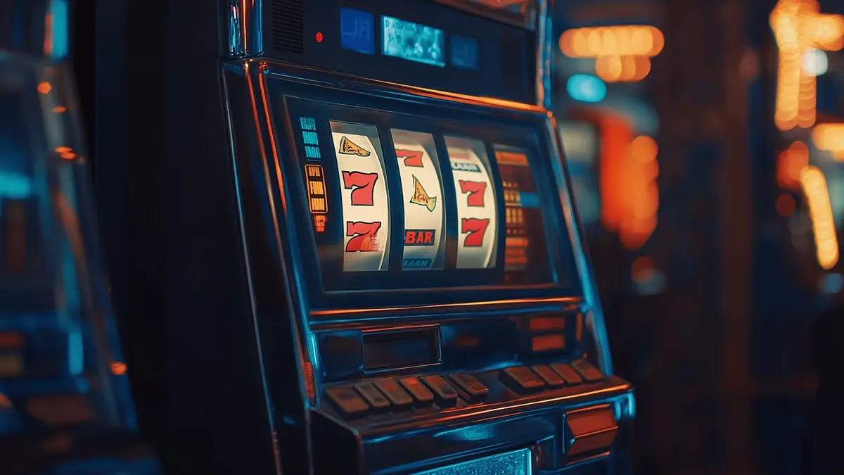
The image features a slot machine in a dimly lit casino. The machine's reels show a winning combination, with three red "7" symbols prominently displayed. The slot machine has a classic design with a reflective, metallic finish and various buttons for gameplay. The background is blurred, with the warm glow of other slot machines and casino lights adding to the ambiance. The overall scene captures the nostalgic feel of traditional slot machines combined with the excitement of a big win.