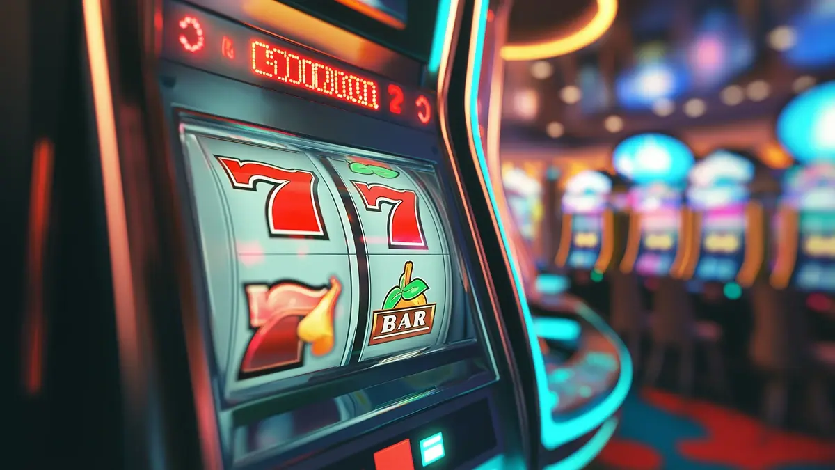 The image shows a close-up view of a slot machine in a casino. The machine's reels display a winning combination, with two red "7" symbols and a "BAR" symbol visible. The bright, colorful lights of the slot machine and the surrounding casino area create a lively and energetic atmosphere. The background is slightly blurred, showcasing other slot machines and the vibrant, neon-lit environment typical of a casino floor. The image captures the excitement and anticipation of playing the slots and hitting a winning spin.