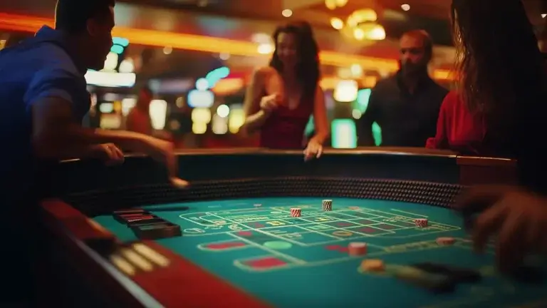 The image shows a group of people engaged in a game of craps at a casino. The focus is on the blue craps table with various betting areas marked in white and red. Players, dressed in casual yet stylish attire, are actively involved in the game, placing bets and rolling the dice. The casino environment is well-lit with a warm, vibrant ambiance, featuring glowing lights and a bustling background, enhancing the lively and energetic atmosphere.