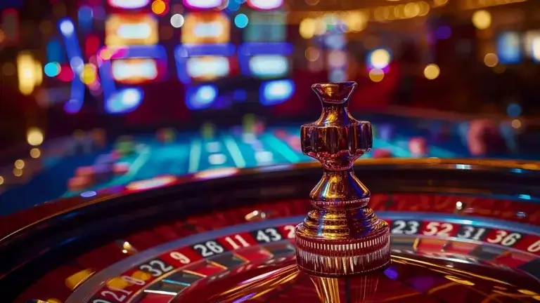 A close-up of a roulette wheel in a casino, with the focus on the spinning wheel and its numbers. In the background, the colorful lights of slot machines and other gaming tables create a vibrant and lively atmosphere, with a bokeh effect highlighting the dynamic environment of the casino.